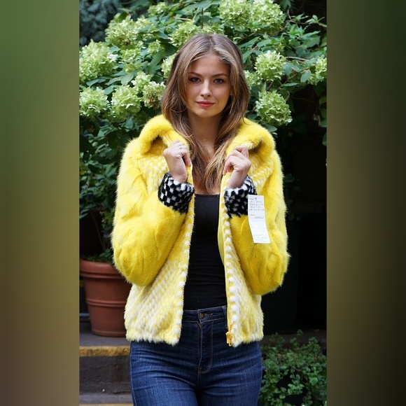 Yellow White Mink Jacket Checker Board - Picture 3 of 4